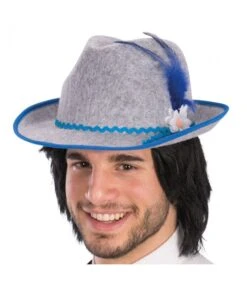 Cappello Bavarese In Feltro Di Lana Grigio Con Decorazioni Blu Con Cartell./etichetta