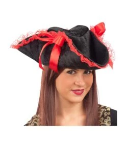 CAPPELLO PIRATESSA IN VELLUTO NERO CON DECORAZIONI ROSSE