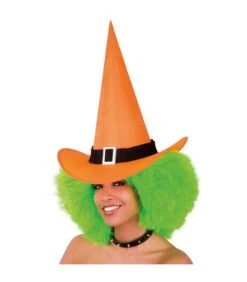 Cappello Strega Arancione Fluo In Tessuto Plastificato Fibbia H. Cm. 38 Ca.