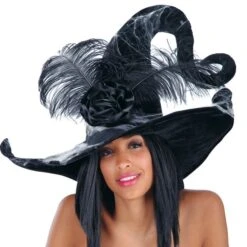 CAPPELLO STREGA IN VELLUTO NERO Con RAGNATELE E PIUME H.CM.36 CA.