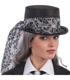 Cilindro Nero In Feltro Voile Damascato E Ragno H. Cm. 11 Ca.