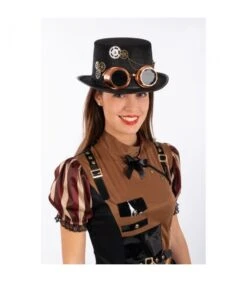 Cilindro Nero Steampunk In Feltro C/occhiali H.cm.12 Ca.