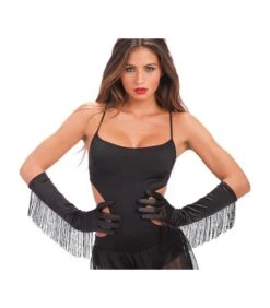 GUANTI NERI IN RASO Con FRANGE L.CM.40