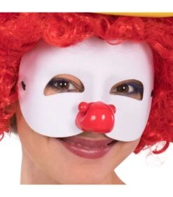 Maschera Clown Mezzo Viso In Tessuto Bianco Naso In Plastica Morbida