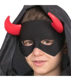 Maschera Diavolo Mezzo Viso In Tessuto Nero Corna Rosse