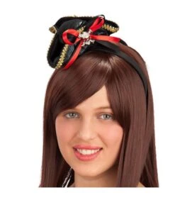 Mini Cappello Piratessa In Tessuto Nero Cerchietto, Teschio In Metallo E Dec.