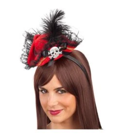 Mini Cappello Piratessa In Velluto Rosso Cerchietto, Piume E Dec.