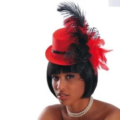 MINI CILINDRO IN FELTRO ROSSO CON PIZZO NERO E PIUME STRUZZO H.CM.8 CA.