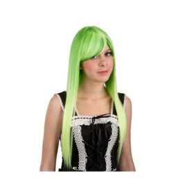 PARRUCCA GIALLA E VERDE LISCIA LUNGHISSIMA Con Frangia(EFFETTO NATURALE) PVC