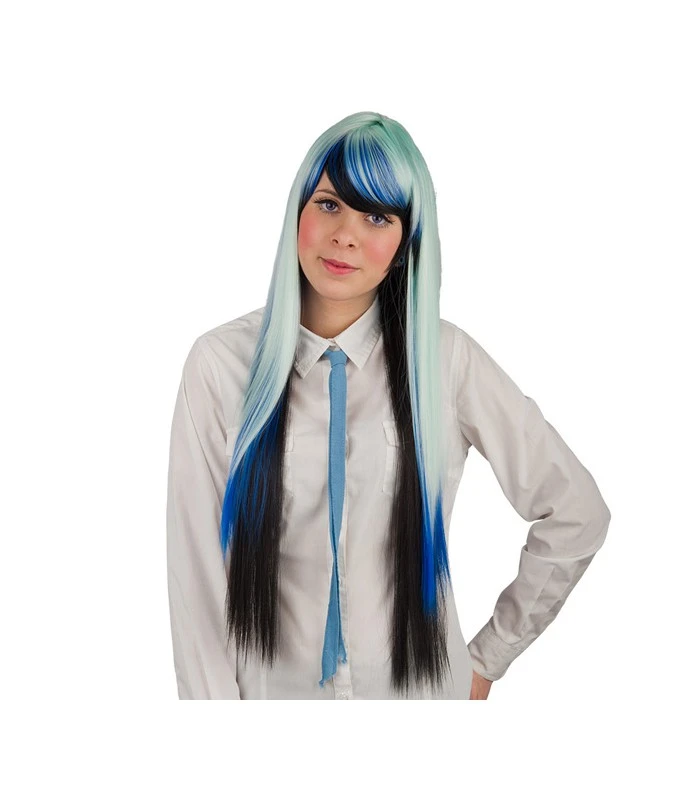 PARRUCCA NERA, BLU E VERDE ACQUA LISCIA LUNGHISSIMA Con Frangia(EFFETTO NATURALE) PVC 3 PARRUCCA NERA, BLU E VERDE ACQUA LISCIA LUNGHISSIMA Con Frangia(EFFETTO NATURALE) PVC