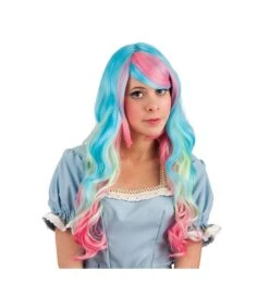 PARRUCCA ROSA, AZZURRA E VERDE ACQUA MOSSA LUNGA Con Frangia (EFF.NAT.) PVC