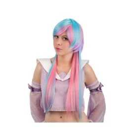 PARRUCCA ROSA, AZZURRA E VIOLA LUNGHISSIMA Con CODINI E FRANGIA (EFF. NAT) IN SCAT.PVC