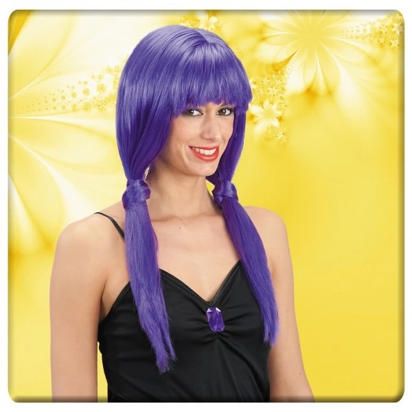 Parrucca Viola Lunghissima Con Frangia E Codini 3 Parrucca Viola Lunghissima Con Frangia E Codini