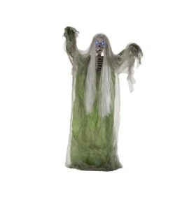 SCHELETRO Con TUNICA VERDE, MANDIBOLA MOBILE,OCCHI LUM.E SUONO H.CM.150 SU PIEDISTALLO (BATT.INCL.)